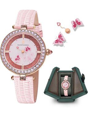 Women's Pink Moving Butterfly Hands Genuine Leather 40 CZ Stones Wrist Watches